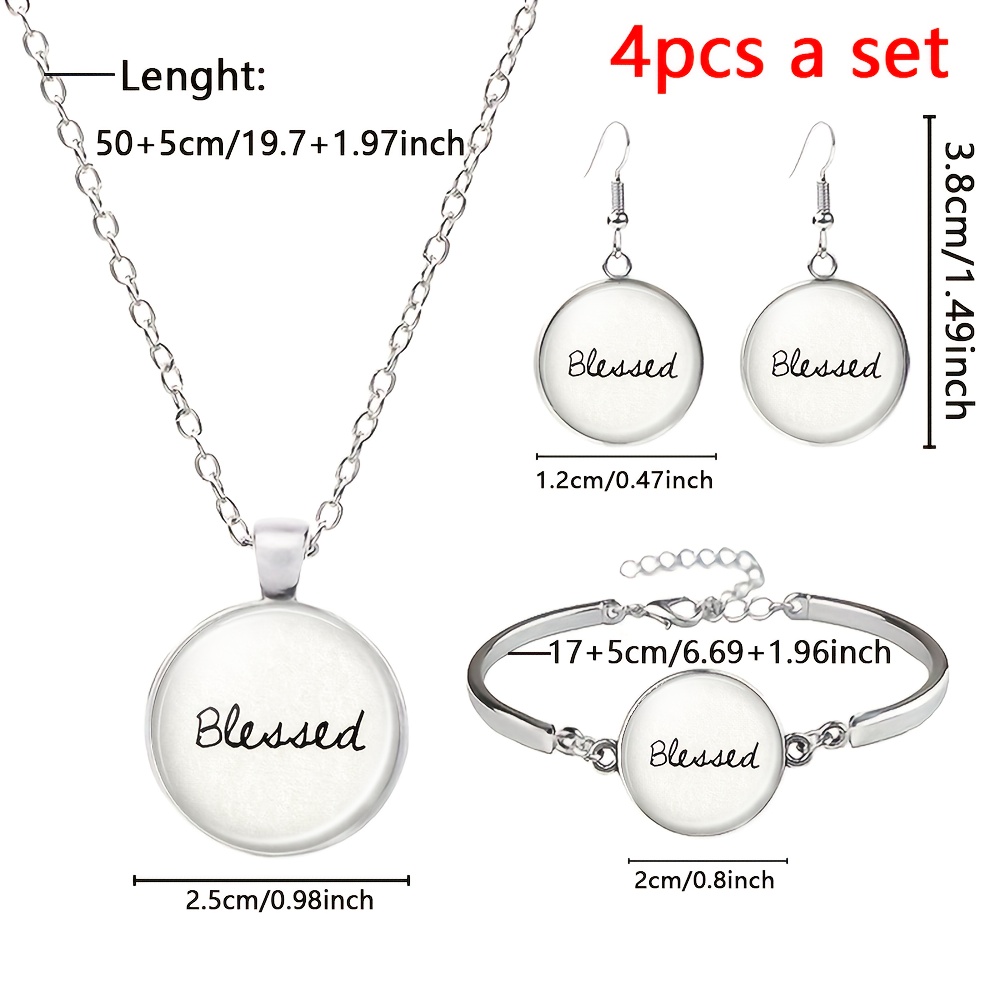 4pc White Jewelry Set with Blessed Text, Gift Ready